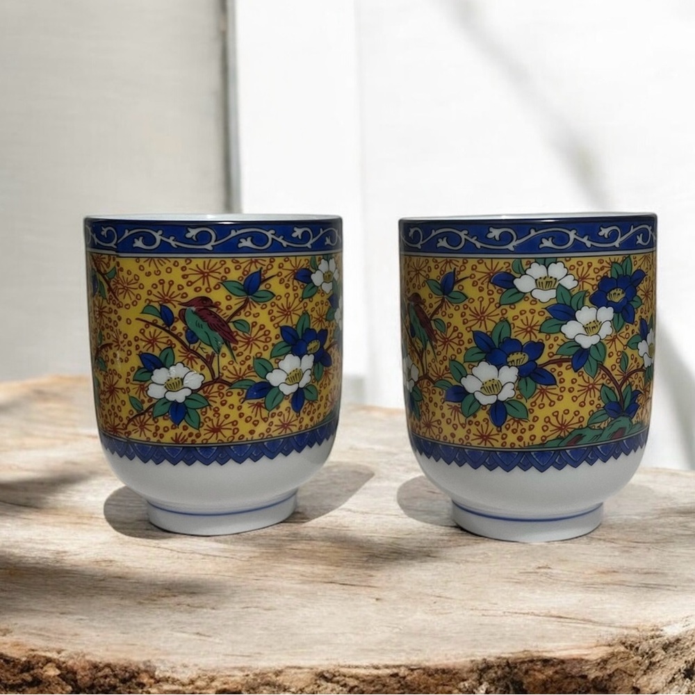 Vintage Japanese Yunomi Tea Cups Set of 2 – Kutani Style Floral & Bird Design